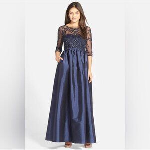 NWT Adrianna Papell Illusion Taffeta Navy Beaded Mesh Gown